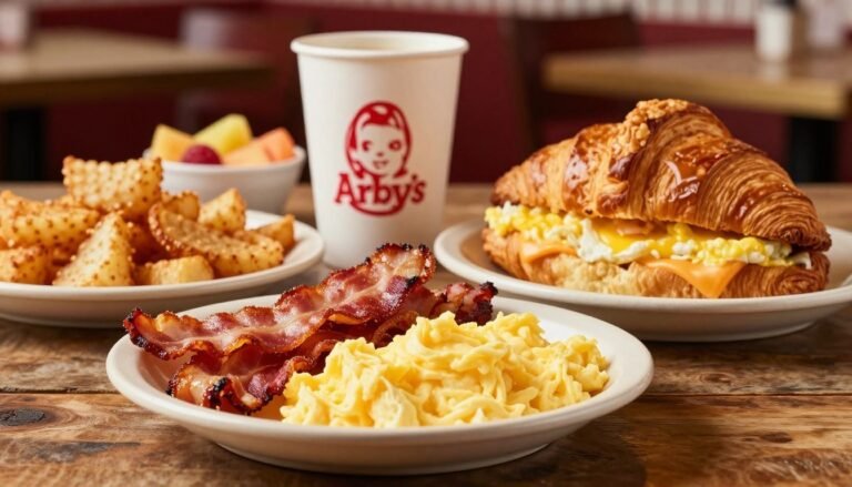 A beautifully arranged Arby's breakfast spread, featuring a variety of mouthwatering items on a rustic wooden table. In the foreground, there are fluffy scrambled eggs, savory bacon, and crispy hash browns, all glistening with a golden hue. A fresh, toasted croissant sits next to a classic breakfast sandwich filled with egg and cheese. In the middle ground, an Arby's coffee cup adds warmth, alongside a small bowl of fruit. The background softly fades into a cozy diner setting, with warm ambient lighting enhancing the inviting atmosphere. Capture this scene from a slightly elevated angle, emphasizing the textures and colors of the food, creating a delicious and appetizing mood that highlights the joy of a hearty breakfast.