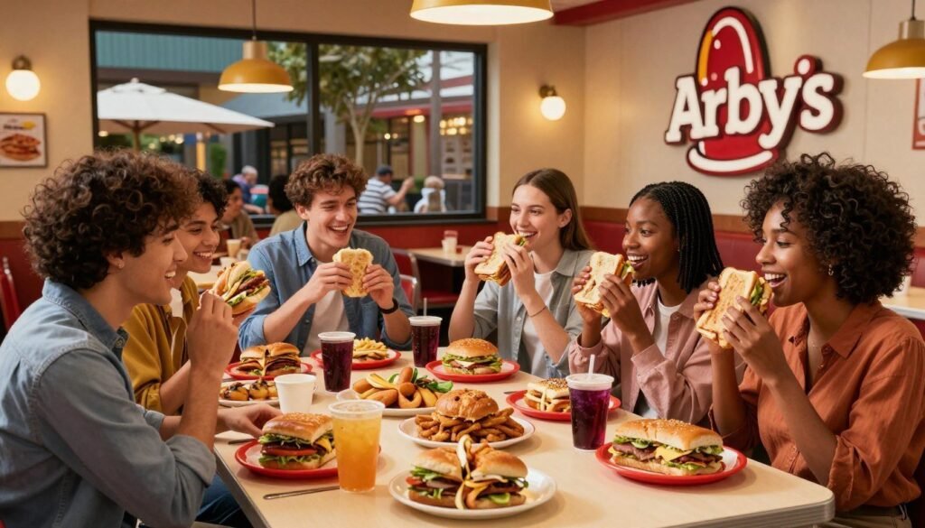 A vibrant and inviting scene at an Arby's restaurant during Happy Hour. In the foreground, a cheerful group of diverse friends, dressed in casual yet tidy attire, enjoying an array of signature sandwiches and drinks on a table filled with colorful, mouth-watering food. The middle ground showcases the stylish Arby's interior with warm, welcoming lighting that complements the rich colors of the food. In the background, a large window reveals an inviting outdoor patio, where more guests are seated. The atmosphere is lively and relaxed, emphasizing the joyous experience of dining during Happy Hour. The image captures an inviting ambiance, highlighting the delicious menu offerings without any text or distractions.