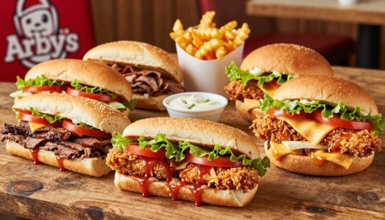 A vibrant display of Arby's value menu sandwiches arranged artistically on a rustic wooden table. In the foreground, several mouth-watering sandwiches are showcased, including the classic roast beef, crispy chicken, and beef 'n cheddar, all under $3. Each sandwich is garnished with fresh lettuce and tomatoes, with drips of sauce invitingly visible. The middle ground features a small dipping sauce and a side of curly fries, creating an inviting, appetizing look. The background includes a softly blurred hint of Arby's branding and a cozy diner atmosphere, with warm, natural lighting captured from a slightly elevated angle to highlight the texture and colors of the food. The mood is cheerful and inviting, suitable for showcasing affordable yet delicious eating options.