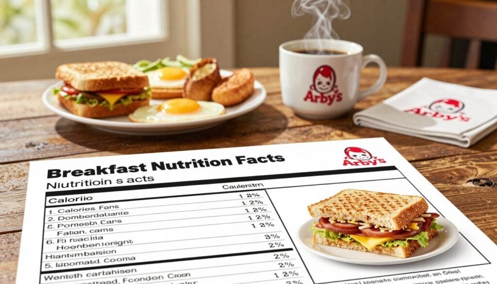 A vibrant, well-organized layout displaying Arby's Breakfast Nutrition Facts. In the foreground, a neatly presented nutrition facts table with detailed information about calories, protein, carbs, and fats, accompanied by appetizing images of popular breakfast items like sandwiches and sides. The middle ground showcases a rustic wooden table setting with a warm, inviting atmosphere, including a steaming cup of coffee next to a delicious breakfast platter. In the background, soft natural lighting filters through a window, creating a cozy breakfast scene, highlighting the Arby's logo subtly placed on a menu or napkin. The overall mood is informative yet inviting, focusing on healthy eating choices.