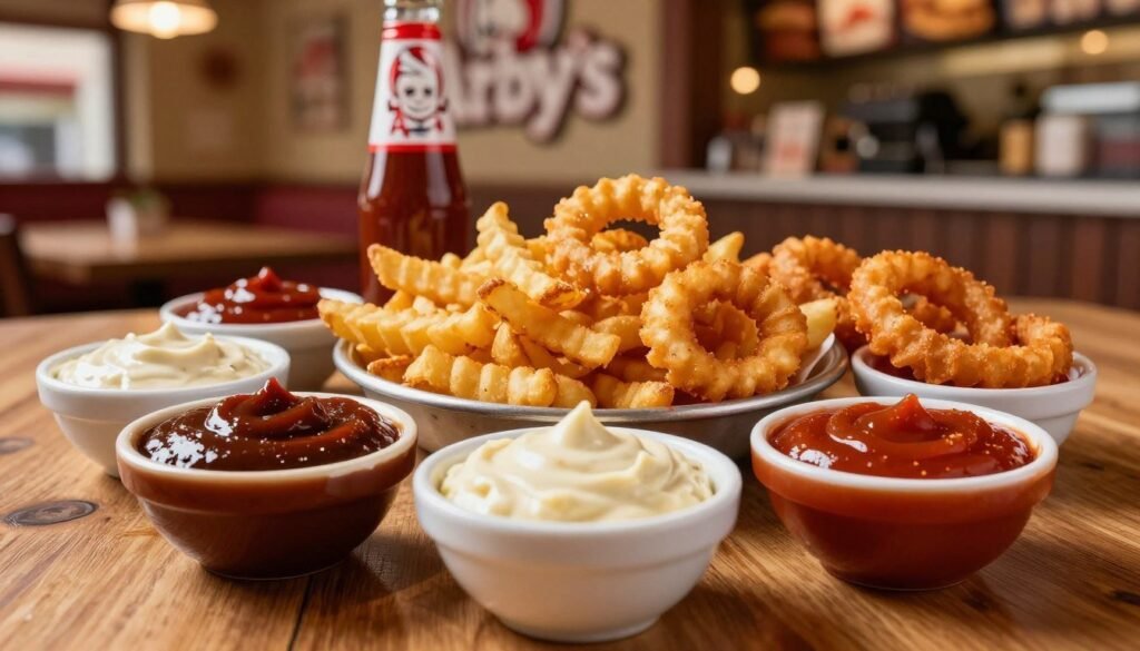 An inviting tabletop display featuring a variety of Arby's secret sauce combinations, arranged artfully in small, elegant bowls. In the foreground, focus on vibrant sauces like a rich, dark barbecue, creamy horseradish, and a spicy, zesty dip, each distinct and glistening. In the middle, a selection of crispy curly fries and fresh, crunchy onion rings, perfectly golden, inviting patrons to explore these hidden favorites. In the background, a softly blurred Arby's restaurant interior, showcasing warm lighting and rustic wooden accents, adding to the cozy atmosphere. The shot is taken from a slightly elevated angle, capturing the textures and colors of the sauces and sides. The mood is warm and inviting, encouraging viewers to indulge in the delicious possibilities of Arby's secret menu.