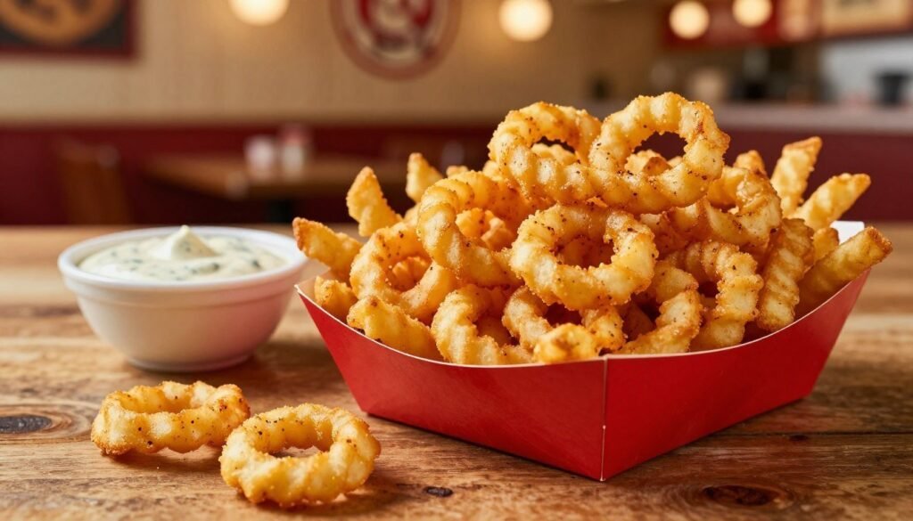 In the foreground, highlight a generous serving of Arby's famous curly fries, their golden-brown, spiral shapes glistening with a light sheen of seasoning. The fries should be temptingly piled high in a classic Arby’s red paper "fry" container, with a few pieces casually spilling onto a rustic wooden table. In the middle ground, softly blurred, include a small bowl of dipping sauce, complementing the vibrant colors of the fries. The background should feature a cozy, well-lit Arby’s restaurant ambiance, with warm tones and soft, inviting lighting enhancing the overall mood. The image should convey a sense of comfort and indulgence, making the viewer crave the deliciousness of these iconic sides, captured at a slight overhead angle to emphasize the texture and appeal of the fries.