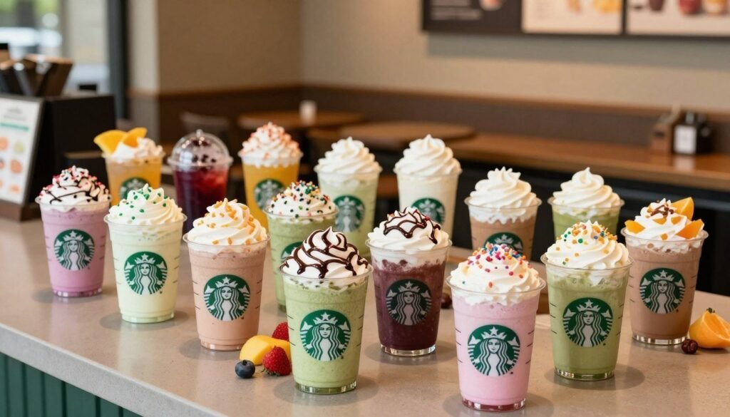 A vibrant display of Starbucks Frappuccino customization options, featuring multiple glass cups filled with various colorful blended beverages in the foreground. Each cup showcases distinct flavors and toppings, like whipped cream, chocolate drizzle, colorful sprinkles, and fruit garnishes. In the middle, a well-organized array of ingredients like syrups, fruits, and whipped creams sits elegantly on a café-style countertop. The background features a cozy Starbucks café atmosphere, with warm lighting and comfortable seating, enhancing the inviting mood. The scene is captured at a slightly elevated angle, providing a clear view of the beverages and toppings while inviting viewers to imagine creating their perfect Frappuccino. Soft focus on the background creates a dreamy feel, emphasizing the playful customization aspect.