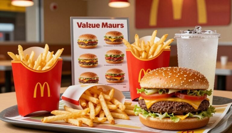 A vibrant table setting featuring an array of McDonald's value meals, including a classic Big Mac, crispy fries, and a refreshing drink. The foreground showcases a close-up of the meals, highlighting the savory layers of the burger and the golden-brown fries, with drops of condensation on the drink for a refreshing effect. In the middle, a menu card displays different value meal options, elegantly arranged. The background features a cozy McDonald's restaurant ambiance with soft, warm lighting, comfortable seating, and iconic red and yellow branding subtly incorporated. The atmosphere is inviting and cheerful, evoking a sense of comfort and nostalgia, perfect for fast food enthusiasts. The camera angle is slightly tilted downwards, creating an engaging perspective that draws the viewer’s eye to the delicious food.