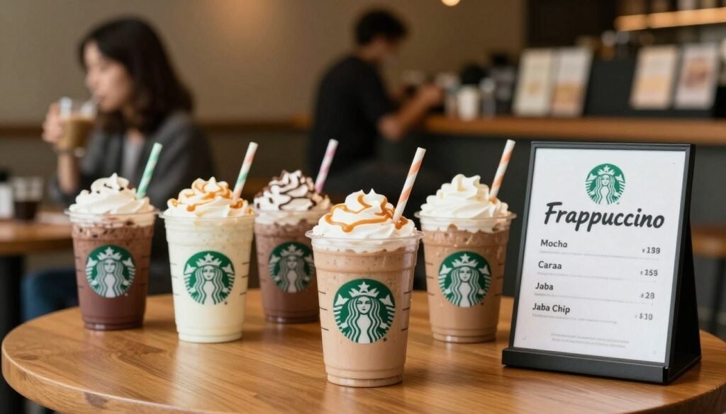 A visually appealing layout of Starbucks Frappuccino drinks arranged on a wooden table, featuring a variety of flavors such as Mocha, Caramel, and Java Chip in clear cups with colorful straws. In the foreground, a sleek menu board displays attractive pricing, highlighting prices in a stylish font, with subtle highlights to emphasize their value. The middle section features a cozy coffee shop atmosphere, with blurred customers in the background enjoying their drinks. Soft, warm lighting creates a welcoming ambiance, while expert use of bokeh effects gently removes distractions from the backdrop. The overall mood is relaxed and inviting, perfect for showcasing the delicious choices available to Frappuccino lovers.