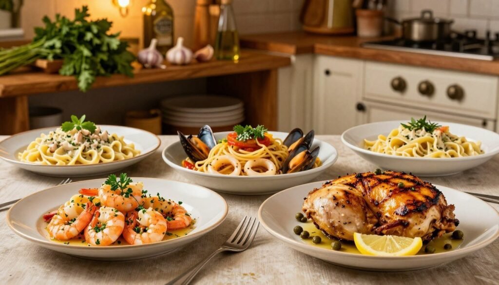 A beautifully arranged table featuring a variety of authentic Italian dishes, highlighting chicken and seafood entrees. In the foreground, a succulent grilled chicken piccata garnished with capers and lemon slices, alongside a delicate shrimp scampi with garlic and parsley. In the middle, a vibrant seafood linguine with mussels and calamari, and a rich chicken alfredo served with fettuccine. The background features a rustic Italian kitchen with wooden shelves filled with fresh herbs, garlic, and olive oil, adding to the authentic atmosphere. The lighting is warm and inviting, casting a soft glow over the food, resembling the golden hour. The scene is shot from a slightly elevated angle, capturing the details and textures of the dishes while evoking a sense of comfort and culinary delight.