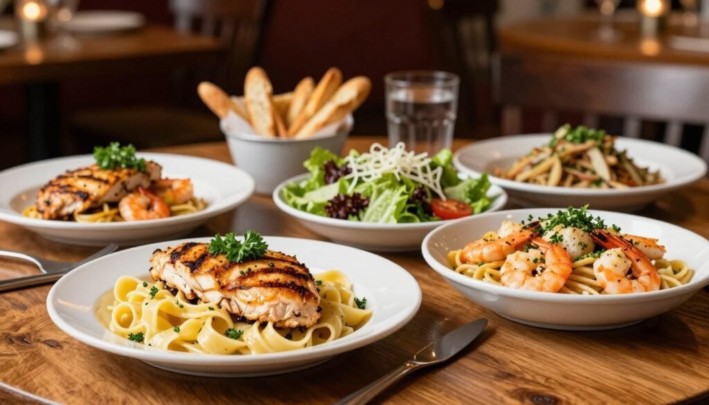 A beautifully arranged table showcasing Olive Garden's lunch options, featuring an enticing spread of Chicken and Seafood Lunch Entrees. In the foreground, a plate of grilled chicken alfredo with fettuccine, garnished with parsley, next to a bowl of shrimp scampi, beautifully presented with garlic and herbs. In the middle, an array of side dishes like garden salad and breadsticks, elegantly placed on a rustic wooden table. The background hints at a warm, inviting Olive Garden dining area with soft, ambient lighting and subtle Italian decor, creating an authentic atmosphere. The image has a slight bokeh effect to emphasize the delicious food while maintaining a cozy, welcoming feel. The overall mood is appetizing and inviting, perfect for showcasing delightful midday meals.