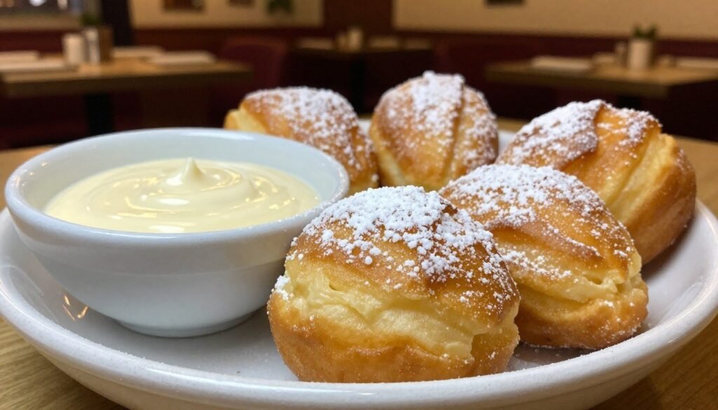 A beautifully presented Olive Garden Zeppoli dessert, featuring golden-brown, fluffy Italian doughnuts dusted with powdered sugar. The zeppoli are arranged in an elegant, shallow dish, accompanied by a small bowl of rich, creamy dipping sauce, glistening with a hint of vanilla. The foreground captures the texture of the doughnuts, emphasizing their lightness and inviting appearance. The middle ground includes a blurred background of a cozy Italian restaurant setting, with warm, soft ambient lighting creating a charming atmosphere. The angle is slightly overhead, allowing for a detailed view of the delicious dessert, enhancing the inviting and indulgent mood. No additional elements include text, people, or distractions, focusing solely on the decadent dessert.